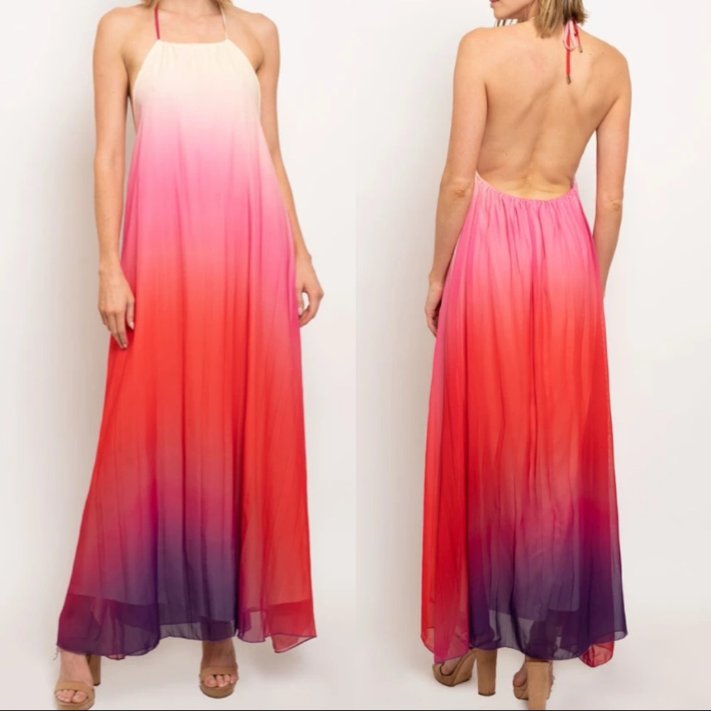 Brand New-Halter Backless Ombre Maxi Dress in Pink-Red
